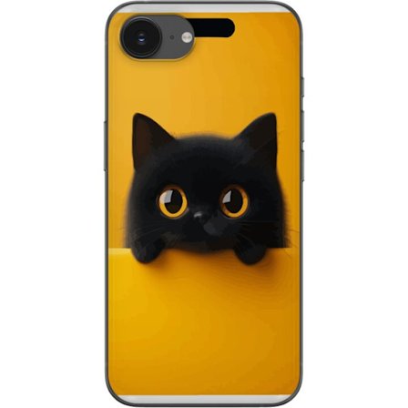 Kompatibelt Mobilskal till Apple Apple iPhone 16e Svart katt sticker upp över gul kant - ren och modern illustration med stora ögon, lekfullt uttryc