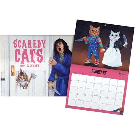 Scaredy Cats Kalender 2024, Sjov Katte Vægkalender, Horrorfilm Katte Månedlig Planlægger 2024, Gave Til Horror Fans Og Katteelskere