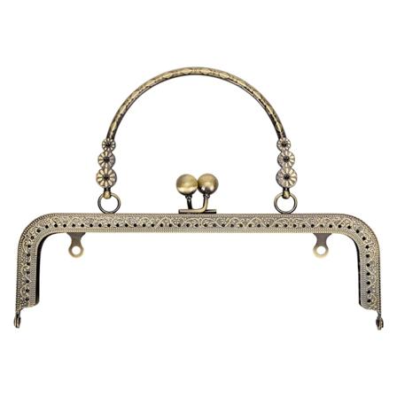 Metallväska Ram Kiss Spänne Lås Brons Tone Retro fyrkantig präglad bärbart handtag 20,5 cm