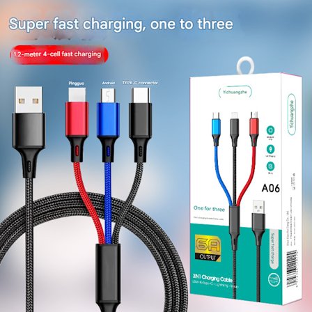 3-i-1 USB - Lightning, USB-C, microUSB opladerkabel (3A) 1,2 m