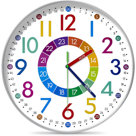 Stillegående veggklokke for barn, stillegående fargerik veggklokke for barn, pedagogiske veggklokker for stue, kjøkken, skole, barnerom