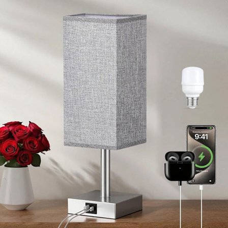 Syzplnwy Touch Control Dimbar Sängbordslampa med USB A+C Laddningsportar, Grå Tyglampskärm för Sovrum & Vardagsrum, Inkluderar