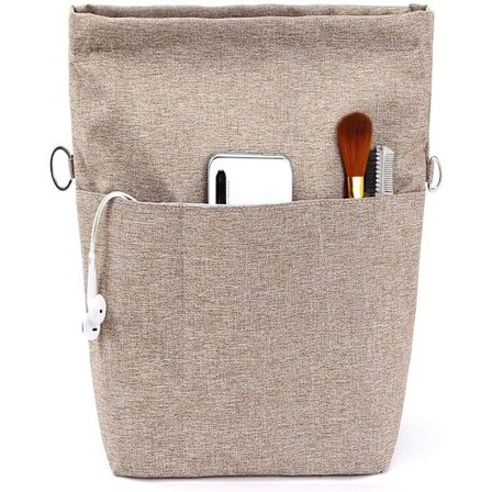 Håndveskeorganisator, Tote Bag-innlegg med flere rom og glidelåser, Robust veskeinnlegg med nøkkelring. Lys brun, S[JSR]