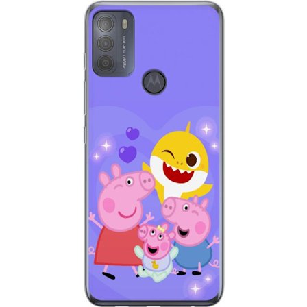 Kompatibelt Mobildeksel til Motorola Moto G50 Peppa Gris mønster med hjerter, sommerfugler og venner, lys rosa bakgrunn i myke barneillustrasjoner