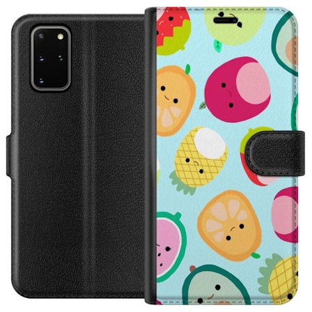 Kompatibel Tegnebogsetui til Samsung Galaxy S20+ Mønster af kawaii frugter som jordbær citron ananas og avocado på lyseblå baggrund
