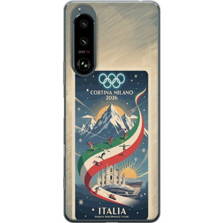Yhteensopiva Puhelinkuori Sony Xperia 5 III Mäkihyppykuvitus, jossa hiihtäjä tähtää kiväärillä lumisella radalla, teksti Milano Cortina 2026 ja olympi