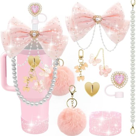 Stanley Cup Nytt Dekorativt Sugerørhette Kopphylse Koppkjede med Sløyfe Paljettanheng og Plysj Pom-Pom Anheng