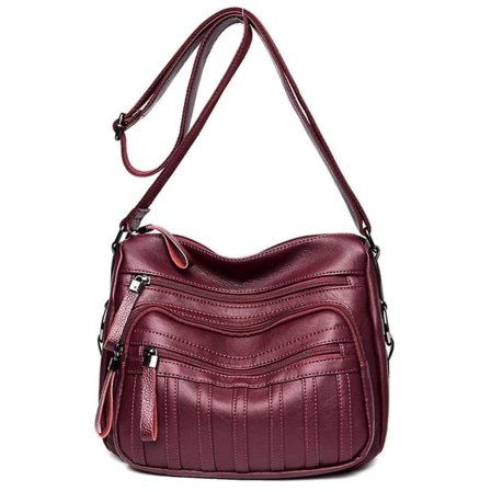 Damväska i läder, axelväska, crossbodyväska, toteväska, handväska, messenger bag, satchel, vinröd