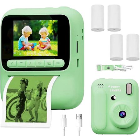 Børne Instant Kamera med 2,4-tommers HD-skærm u0026 1080p Digital Selfie, Inkluderer 4 Ruller Fotopapir u0026 Snor, Kompatibel med Grøntsager