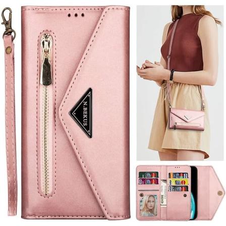 Kompatibel med Iphone Se 2020/ 8/ 7 Etui Avtagbar Crossbody Halsrem Neckfodral Dragkedja Etui Axel Med 6 Korthållare Cover Premium Pu Läder Rosa