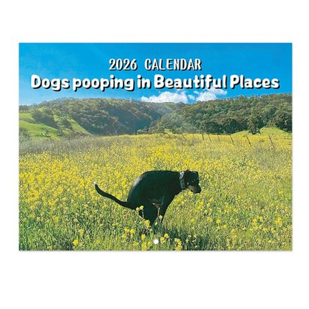 Grøn eng hundekalender, 2026 12-måneders kalender, smuk natur, sjov kalender til hundelskere