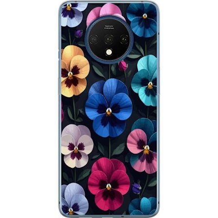 Kompatibelt Mobildeksel til OnePlus 7T Dekorativt blomstermønster med fargerike pensélignende blomster og mørk elegant bakgrunn