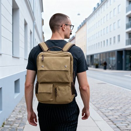 Sac à dos compact en toile jaune moutarde et cuir marron pour hommes - Sacs à dos