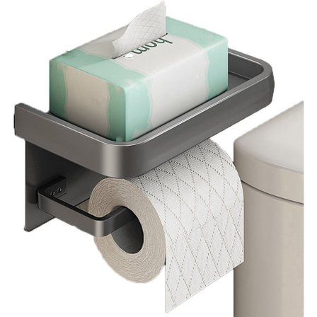 Toiletpapirholder i rustfrit stål med hylde, grå, bærbar, vandtæt bakke, inklusive skruer, nem at installere