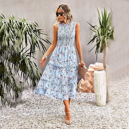 Kvinner Blomstret Uformell A-linje O-hals Vår Sommer Tank Top Ermeløs Plissert A-linje Trykte Kjoler