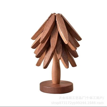 Treformet Kokeunderlagsett i Tre, Tre Kokeunderlag - 4 Trekokeunderlag + 1 Stativ for Oppbevaring av Varme Retter/Gryter/Boller/Te