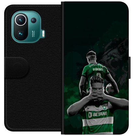 Yhteensopiva Lompakkokotelo Xiaomi Mi 11 Pro Neonmotiivi, jossa teksti "Gaming is in my DNA" sinisenä ja punaisena tiiliseinällä, jossa loistava DNA-s