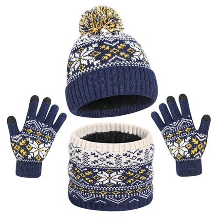 Strikket hue-, halstørklæde- og handskesæt til børn, fleeceforet pompon vintertilbehør til småbørn, piger og drenge, udendørs leg i koldt vejr