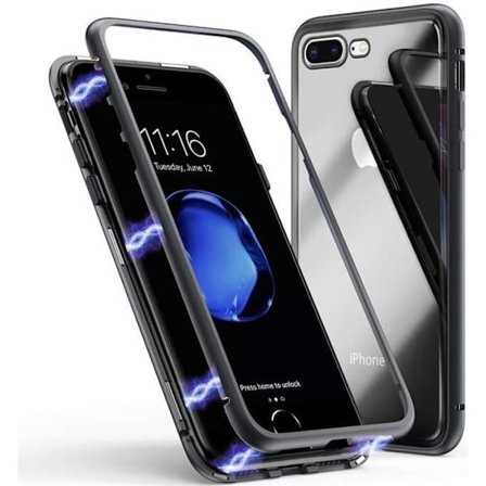 Magnetiskt Skal - Phonillico - iPhone 8 - Härdat Glas - Skärmskydd - Svart Metall