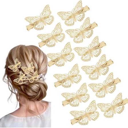 12 st fjärilshårklämmor (guld, höger och vänster), guld flickhår