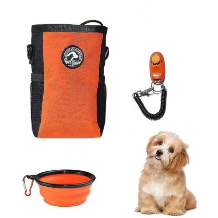 Koirakävelylaukku, koirankoulutuslaukku, koiranherkkupussilaukku, pentulaukku kakkapussin pidikkeellä ja kokoontaitettavalla silikonikoiravesikupilla 