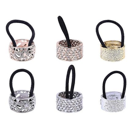 6 stk. metal cirkel hestehaleholder hårelastikker guld manchet metal hårbånd