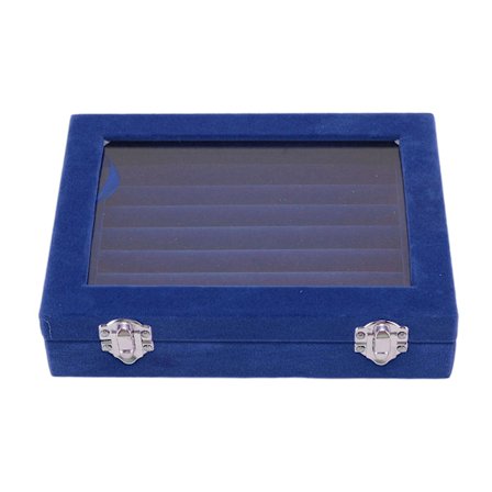 Smyckeskrin med 7 fack i sammet, förvaring av ringar, med genomskinligt lock för ringar, smycken, örhängen, halsband, blå