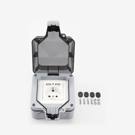 Vandtæt stikkontakt med låg, med 2 USB-porte Grå