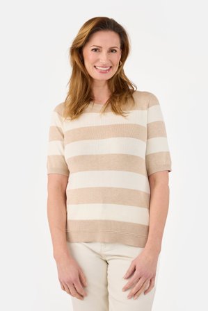 JENSEN - Kortærmet Strik - Beige / Råhvid - Stribet