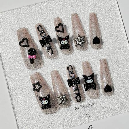 Sorte Negle Kunstige Negle med Design Fuld Dækning Klæbepå Negle Negle kompatible Wo