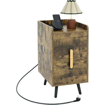 COSTWAY Natbord med 2 Skuffer, 2 USB-porte og 3 stikkontakter, metalben, til soveværelse, stue, 40 x 32 x 60 cm, Brun