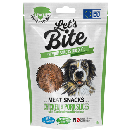 Let's Bite Meat Snacks kana- ja sianlihaviipaleet karpalolla, 80 g