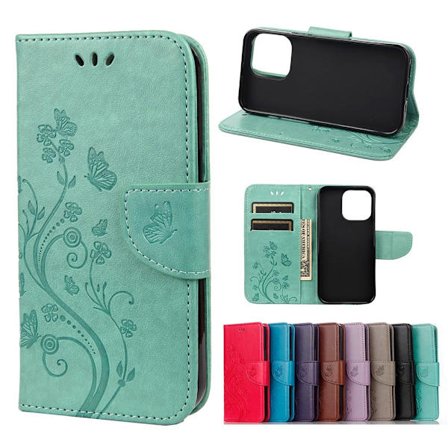 Butterfly Blomst Wallet Case til iPhone 13 - Grøn