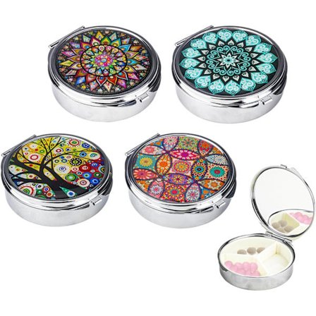 Rund metallpilleboks med 4 deler, 3 rom og speil for