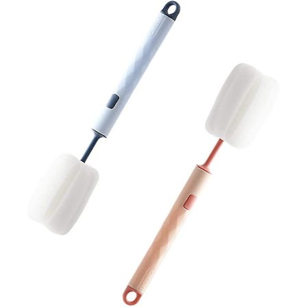 Svampeflaskerenser med langt håndtag, flaskerenserbørste, aftagelig flaskerenserbørste til rengøring af kopper, flasker, blå og pink, 2 stk.
