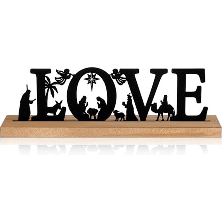 Krybbespilsfigur, sort, med base, egnet til jul, kontor, skrivebord, hylde, kaminhylde og andre dekorationer (hjerteformet design).