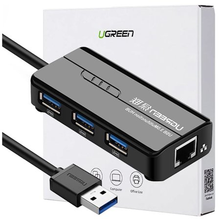 Ugreen 20265 USB-A / RJ45 1000 Mbps HUB 3x USB 3.0 nettverksadapter - svart