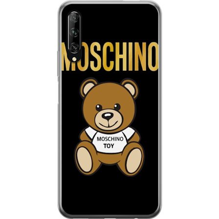 Kompatibelt Mobilskal till Huawei Huawei P smart Pro 2019 Moschino-inspirerad nallebjörn med text på tröjan, centrerad mot svart bakgrund med tydli