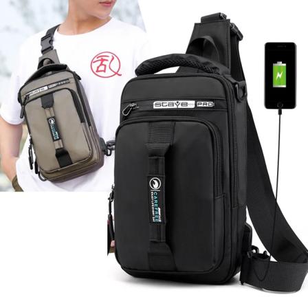 Monitoiminen Crossbody Bag Miesten USB latausrintalaukku black 18*7*30cm