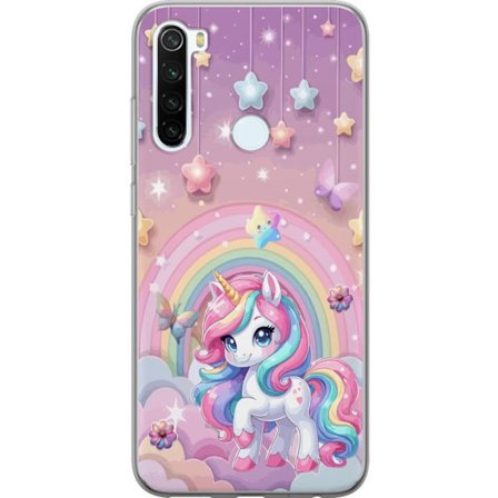 Kompatibel Mobilcover til Xiaomi Redmi Note 8 Magisk enhjørning med regnbue manke, stjerner og sommerfugle mod en pastelfarvet himmel med skyer