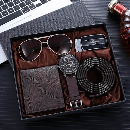 Forretningsgaveæske med Tegnebog, Bælte, Livrem, Briller og Ur