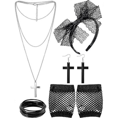 80'er Kostume Tilbehør, Blonde Pandebånd, Øreringe, Fiskenetshandsker & Halskæde Armbånd (sort) A