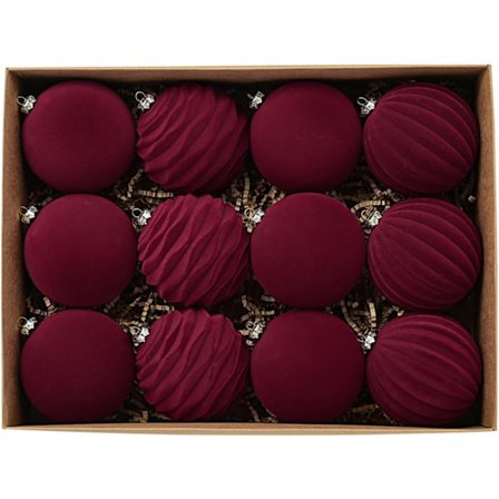 Julgranskulor i sammet, 12-pack, 8 cm, okrossbar julgransdekoration [JUN] Vinröd