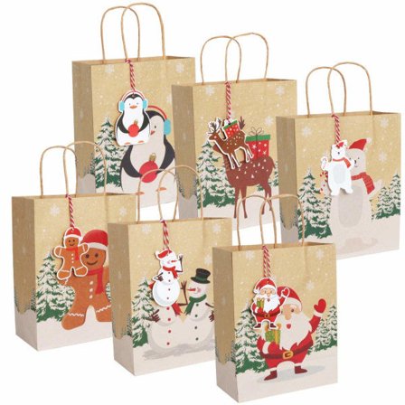 24 stk Mellomstore Julegaveposer i Kraftpapir med Håndtak og Etiketter, Julegaveposer for Julegaveinnpakning, 18*9*31,2 cm