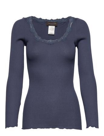 Silk T-Shirt W/ Lace T-shirts & Tops Long-sleeved Marinblå Rosemunde
