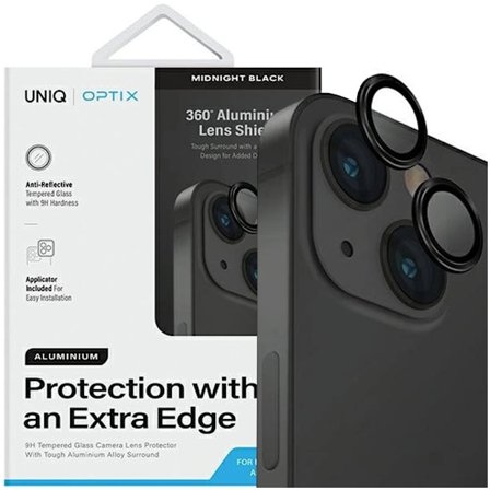 UNIQ Optix glass aluminium kameralinsebeskytter for iPhone 15/15 Plus kameralinse med applikator - svart