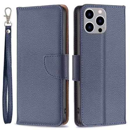 SKALO iPhone 15 Pro Max Litchi Lompakkokotelo - Tummansininen