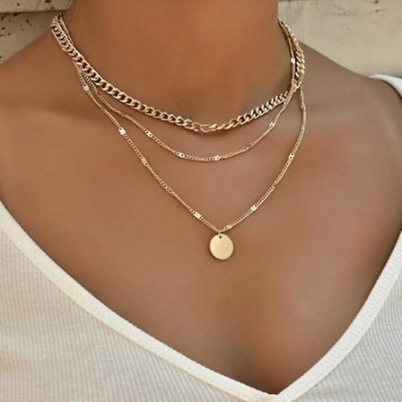 Damhalsband i lager guld, flerskiktat kedja med mynthänge, present till kvinnor