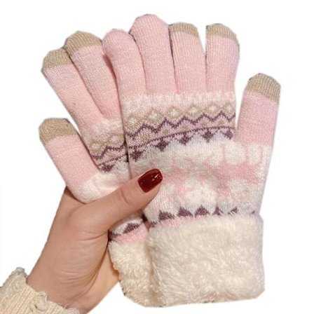 Efterårs- og vinterkashmir Dobbelthjort Plus Fløjl Tykke Varme Handsker Tegneserie Strikkede Touchscreen Fingerhandsker