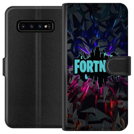 Kompatibelt Lommeboketui til Samsung Samsung Galaxy S10 Fortnite-logo - Svart bakgrunn med blå neon og fargede lys
